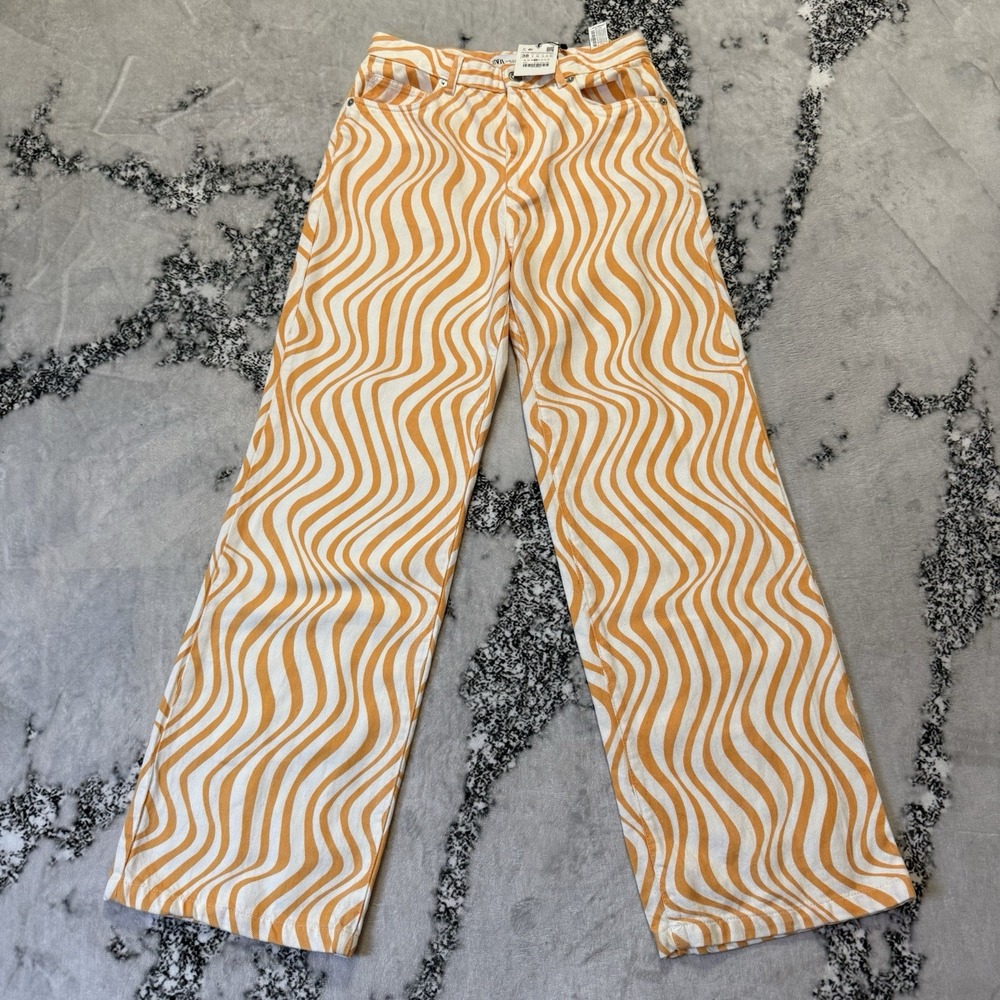 Zara Jeans Womens Size 6 Orange White Wavy Swirl Groovy Retro Inspired Wide Leg